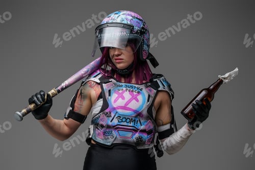 Preview: Fashionable female activist with molotov cocktail and baseball bat