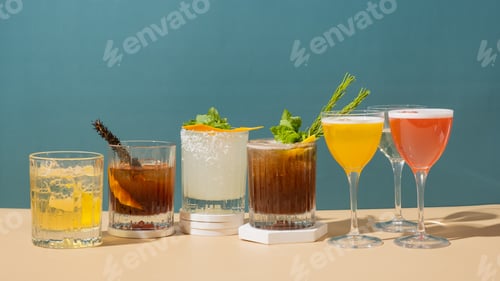 Preview: Composition with alcoholic cocktails on podium with ice on colored background.