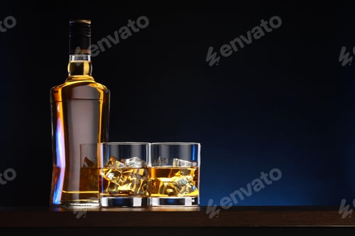 Preview: Whiskey with ice cubes in glasses and bottle on table against dark background, space for text