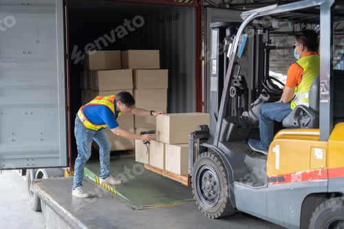 Preview: Warehouse worker open doors steel 40 feet container forklift carry box he use barcode scanner check