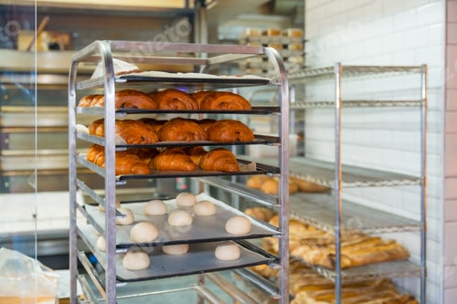 Preview: Bakery workshop workshop of artisan bakery and shop in the trays with croissant and neapolitan