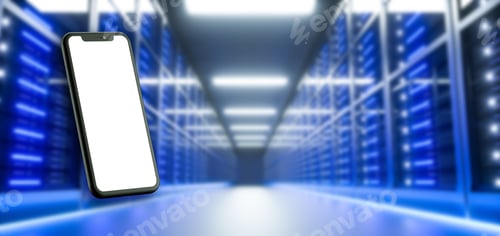 Preview: Mock up smart phone at server room in datacenter. 3D Render