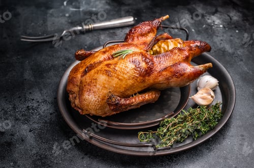 Preview: Roasted whole goose on steel tray. black background. top view