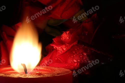 Preview: Red Candle With Flame Gently Blowing With Roses - Photograph Of A Burning Candle With The Flame