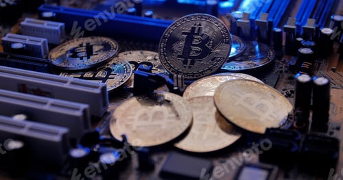 Preview: Golden coins with bitcoin symbol on electronic circuits in a computer mainboard.