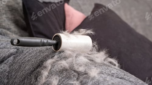 Preview: Adhesive lint roller with pet hair on sofa near black cushion. Concept of heavy pet shedding