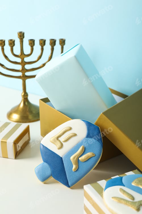 Preview: Hanukkah and box with gingerbread cookies on blue background