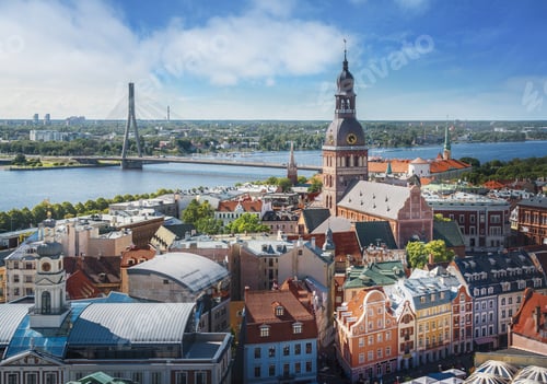 Preview: Colorful aerial view of Riga with Riga Cathedral and Vansu Bridge - Riga, Latvia