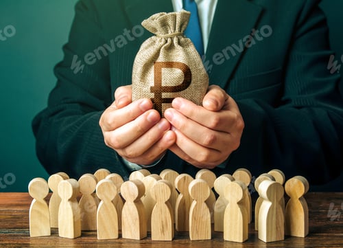 Preview: Businessman holds out a russian ruble money bag to the crowd.