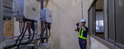 Preview: Inspector examination of photovoltaic modules using a thermal imaging camera.