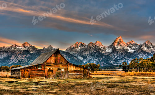Preview: Sunrise Over Moulton Barn with Grand Tetons in Background