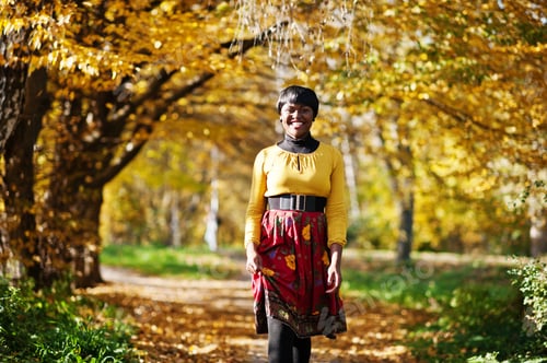 Preview: African american girl at yellow and red dress at golden autumn fall park.