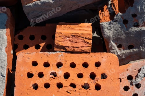 Preview: A pile of old red bricks with the remains of dried mortar. Building material red brick with holes.