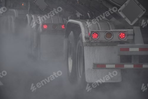 Preview: Wheels of tractor trailer driving on a highway during rain