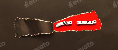 Preview: curl of torn black paper on red background. advertising and black friday sale concept. banner