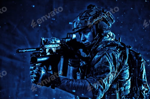 Preview: Soldier aiming service rifle under rain at night