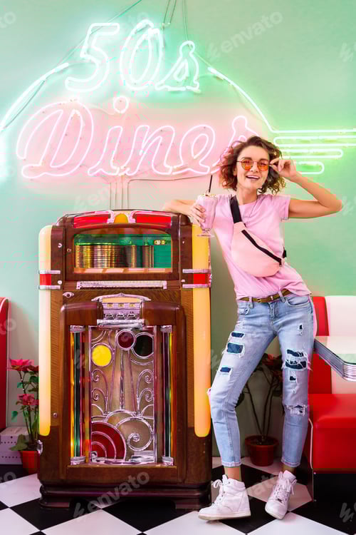 Preview: stylish smiling woman in retro vintage cafe