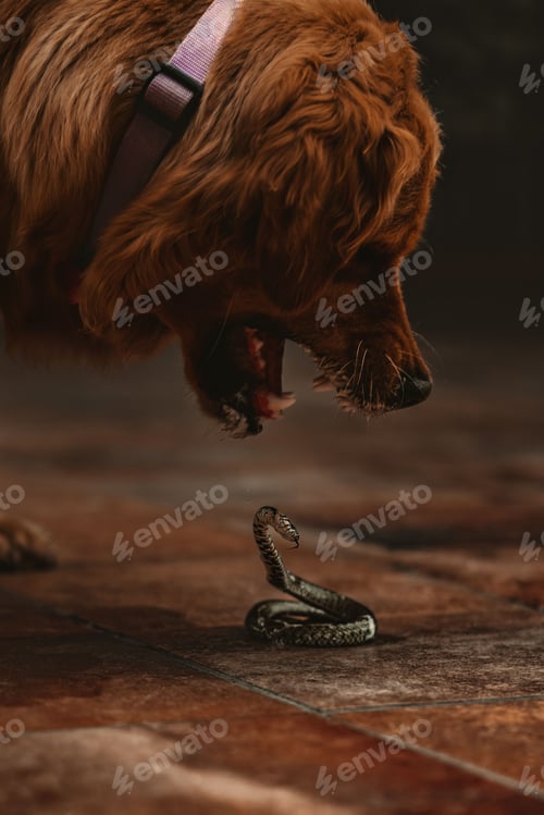 Preview: Vertical shot of a Golden Retriever protecting the home from a snake