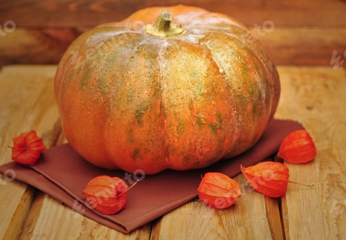 Preview: Pumpkin with drops, physalis on beige napkin on a brown wooden background