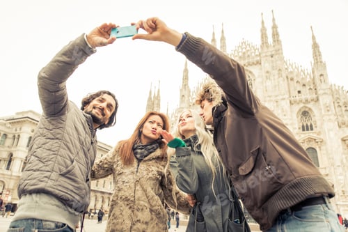 Preview: Friends taking funny selfies in Milan city center