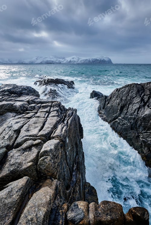 Preview: Norwegian Sea waves on rocky coast of Lofoten islands, Norway