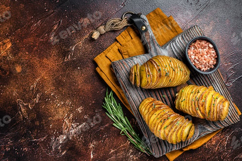 Preview: Roasted Hasselback Potato with Fresh thyme and rosemary. Dark background. Top view. Copy space