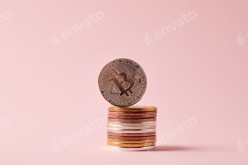 Preview: close-up shot of stack of bitcoins on pink surface