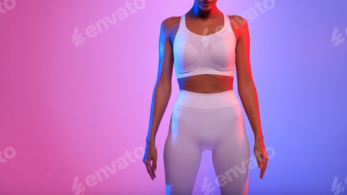 Preview: Fitness Woman With Lean Body Standing Over Neon Background, Cropped