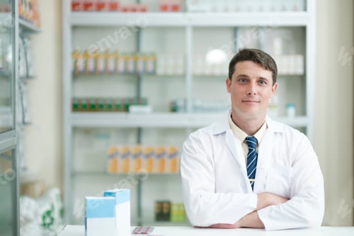 Preview: Male pharmacist working in modern pharmacy looking at camera.