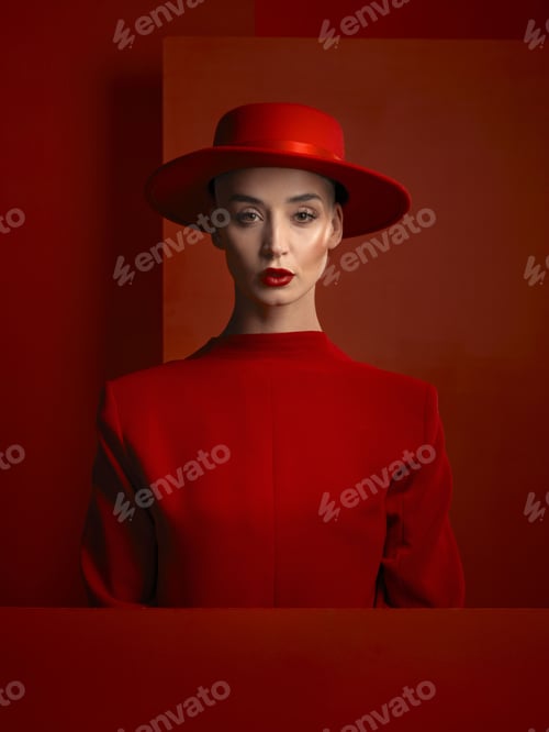 Preview: Portrait, fashion and space with a woman in red on a studio background for marketing, advertising o