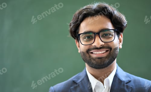 Preview: Smiling young indian business man wearing suit and glasses. Headshot portrait