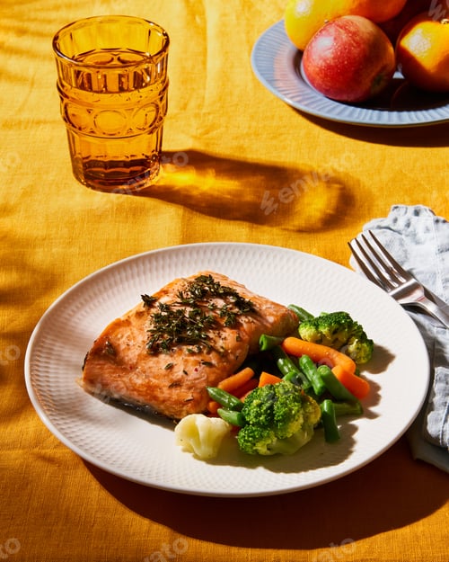 Preview: Bright food with salmon vegetables. Summer or spring sunny day or evening. Vibrant concept
