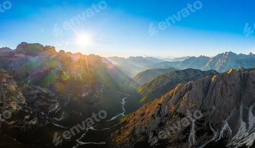 Preview: Sharp faces of mountains Tre Cime di Lavaredo at sunrise