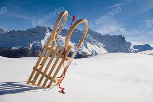 Preview: Switzerland, Graubuenden, Savognin, Winter scenery with sledge