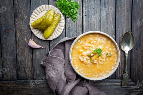 Preview: Delicious Creamy Soup with Pickles on Wooden Table