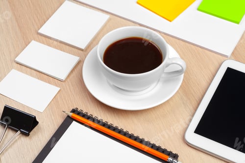 Preview: Corporate identity design template on wooden desk close up