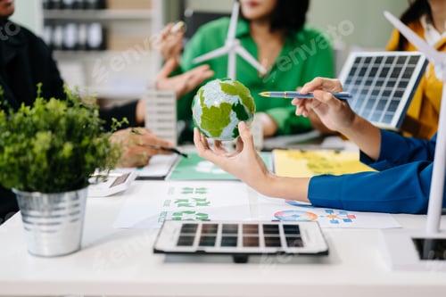 Preview: Business team working virtual modern smartphone to reduce CO2 emissions carbon footprint