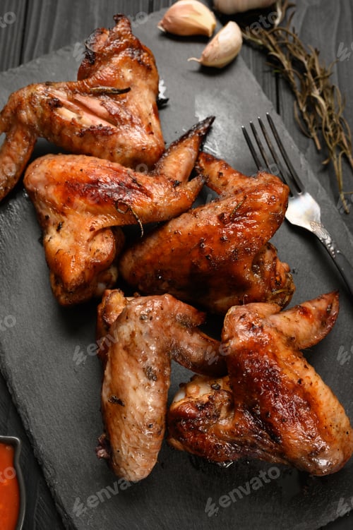 Preview: appetizing chicken wings grilled barbecue with spices and vegetables until crisp