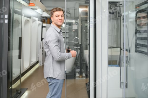 Preview: man choosing shower cabin and utensils for his home bathroom