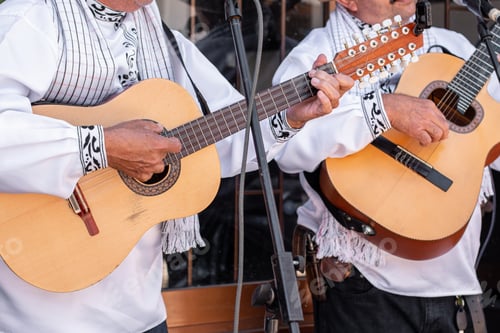 Preview: Close-up of a duo of male musicians playing their guitars and singing outdoors.