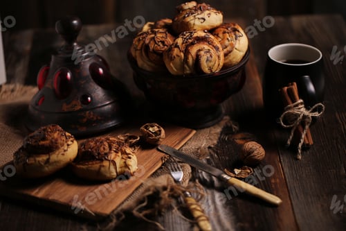 Preview: Closeup shot of a black tea mug near tasty biscuits