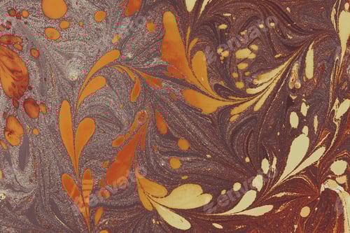 Preview: Beautiful abstract painting in ebru technique with petal-like elements on a gray-brown surface