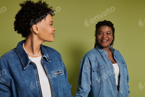 Preview: Stylish lesbian couple sharing a joyful moment in trendy denim attire against a vibrant backdrop