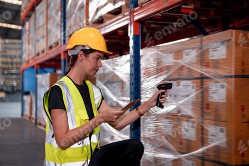 Preview: Industry warehouse worker in helmets with produce order details and checking goods supplies on boxes