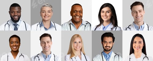 Preview: Collection Of Doctors And Nurses Headshots In Collage, Gray Backgrounds