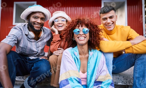 Preview: Smile, city and portrait of friends outdoor for travel, fashion and happiness. Diversity, gen z and