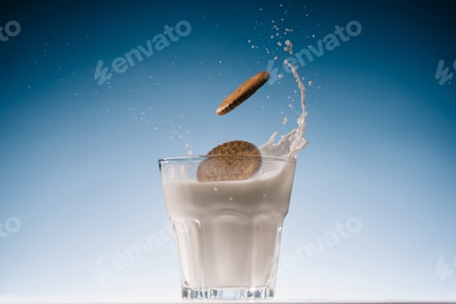 Preview: Sweet cookies splashing into glass of milk on blue background