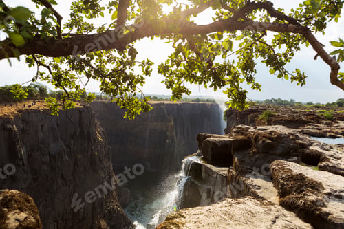 Preview: Victoria Falls from the Zambian side, view of the vertical cliffs of the river gorge.