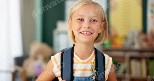 Preview: Happy, face and child in classroom for education, learning and ready for morning kindergarten. Smil
