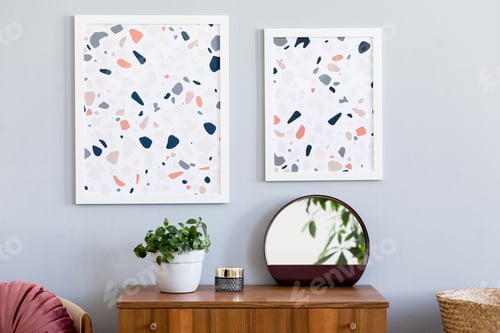 Preview: Creative composition of stylish living room interior design with mock up poster frames.